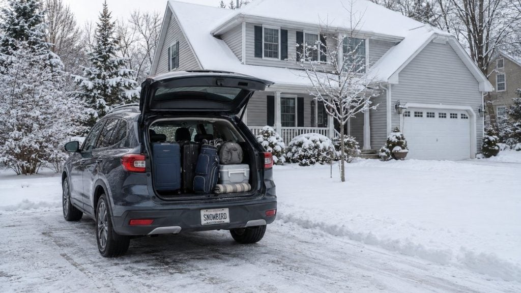 Snowbird transportation with a car packed for a winter trip
