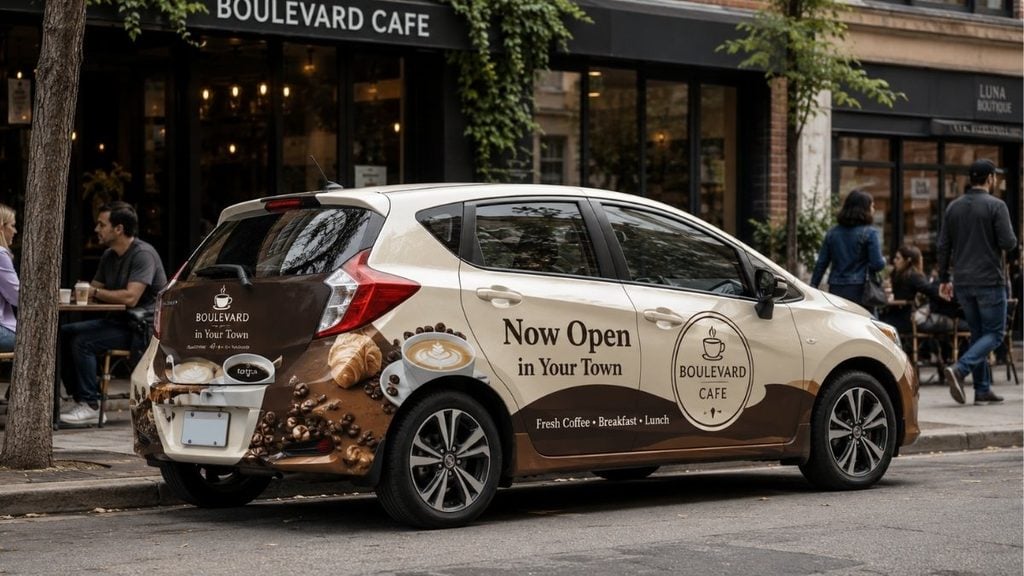 Car covered in an advertising wrap for mobile billboard marketing