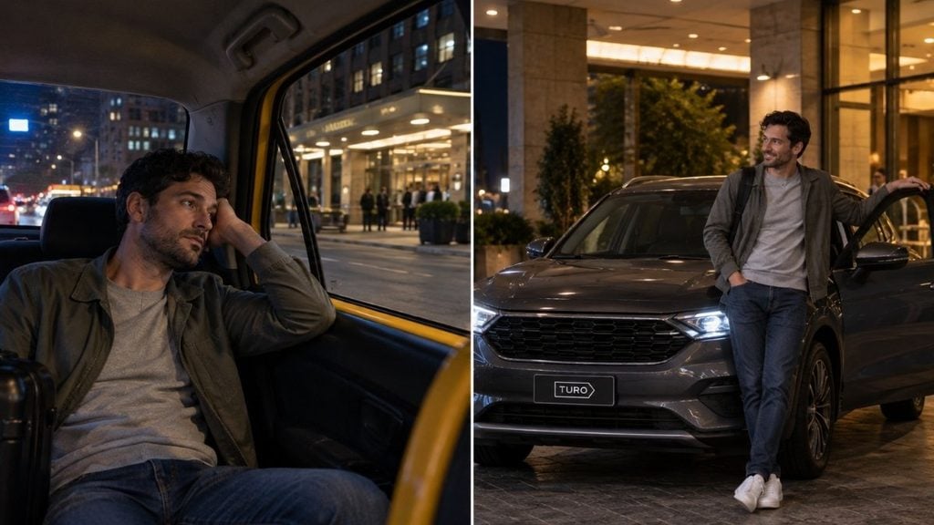 Traveler arriving at a hotel by taxi with a Turo car waiting outside
