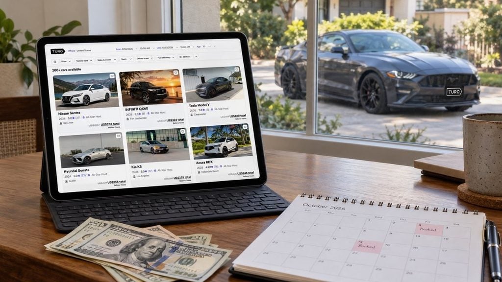 Turo host planning vehicle availability with a booking calendar and car listings