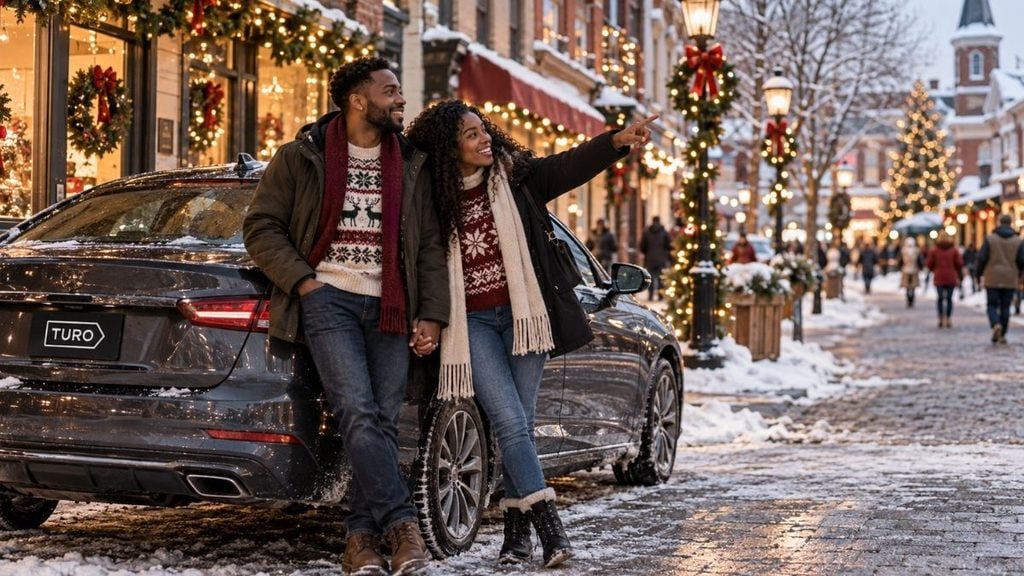 Couple enjoying a holiday road trip stop beside their car on a decorated snowy small-town Main Street