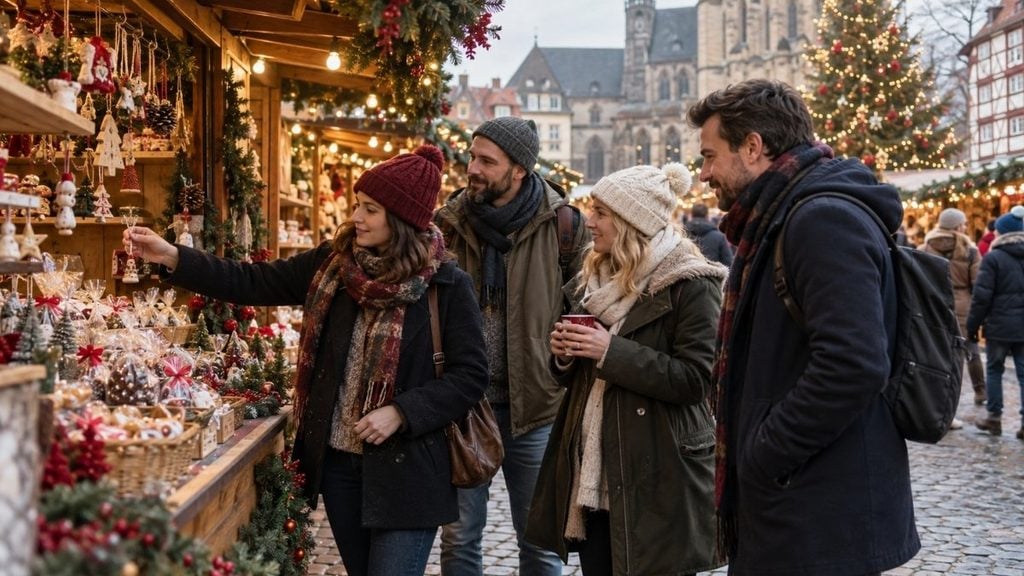 Friends browsing ornaments and festive gifts at a traditional Christmas market during the holiday season