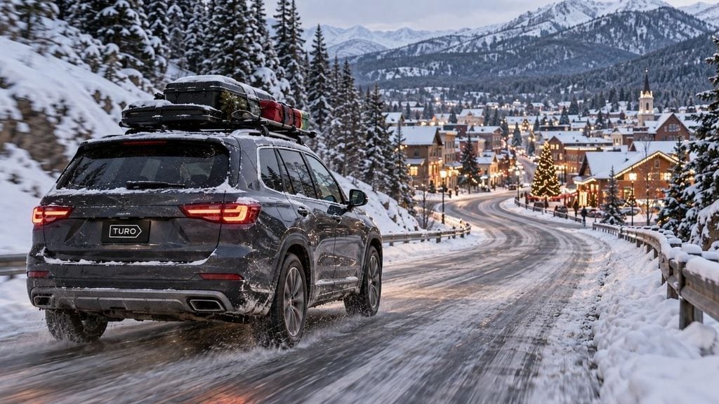 SUV on a scenic snowy drive through the mountains toward a festive holiday town decorated with Christmas lights