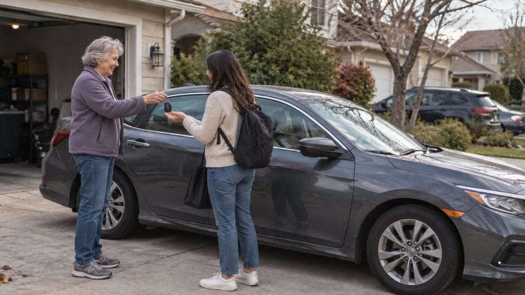 Woman borrowing a car from a family member during a long-term vehicle repair