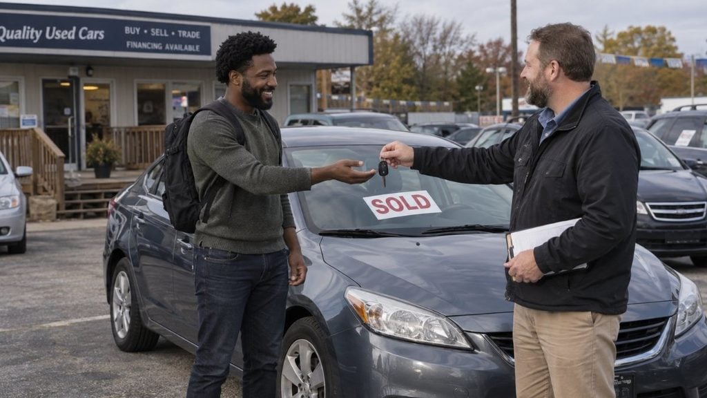 Digital nomad buying a car from a used car dealership