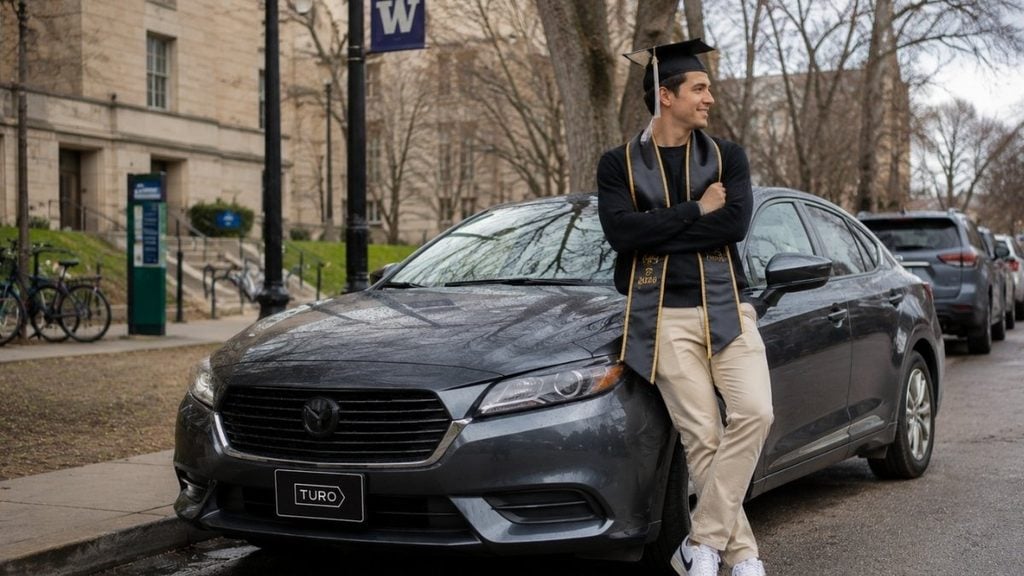 Recent graduate with a Turo rental car outside a college campus