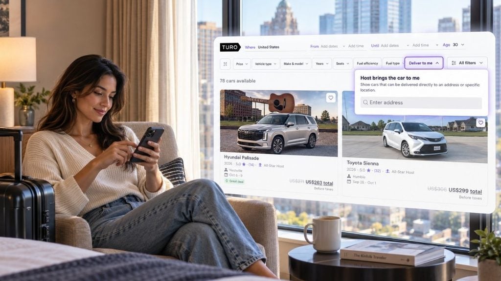 Traveler filtering Turo rental cars by delivery location, vehicle type, make and model