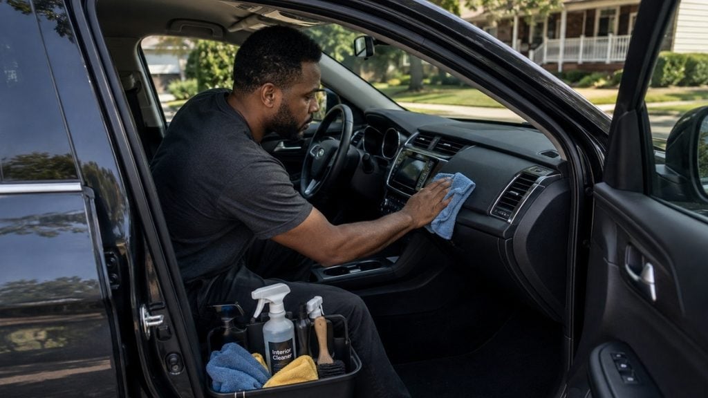 Turo host cleaning the dashboard of a car between trips