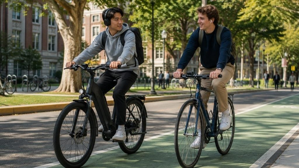 Two post-grad students commuting by e-bike and bicycle