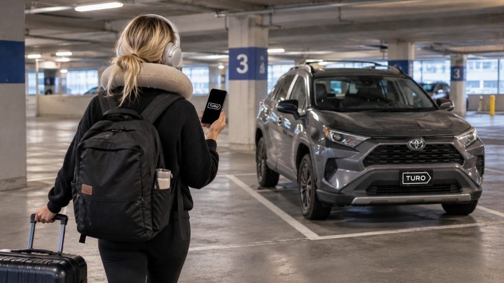 Traveller with luggage checking her phone while walking towards a car in an airport parking garage