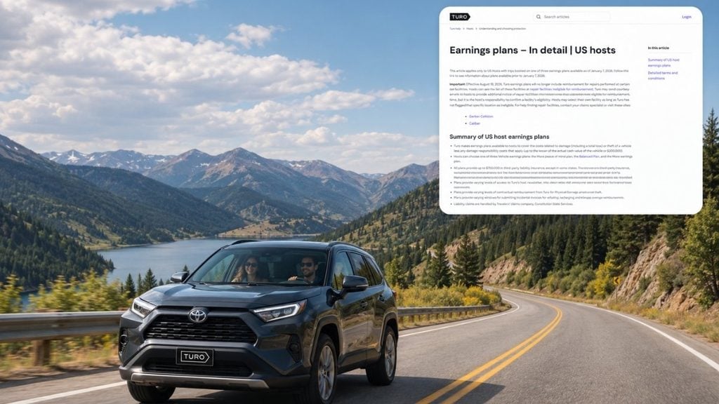 Car driving on a scenic mountain highway with Turo earning plans information