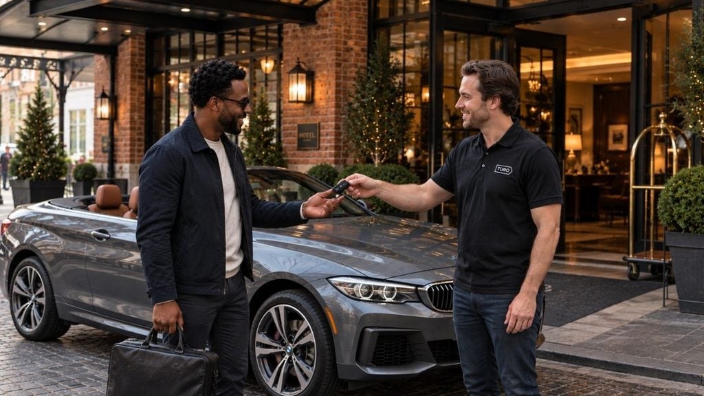 Turo host handing car keys to a traveller outside a hotel with the delivered car parked behind them