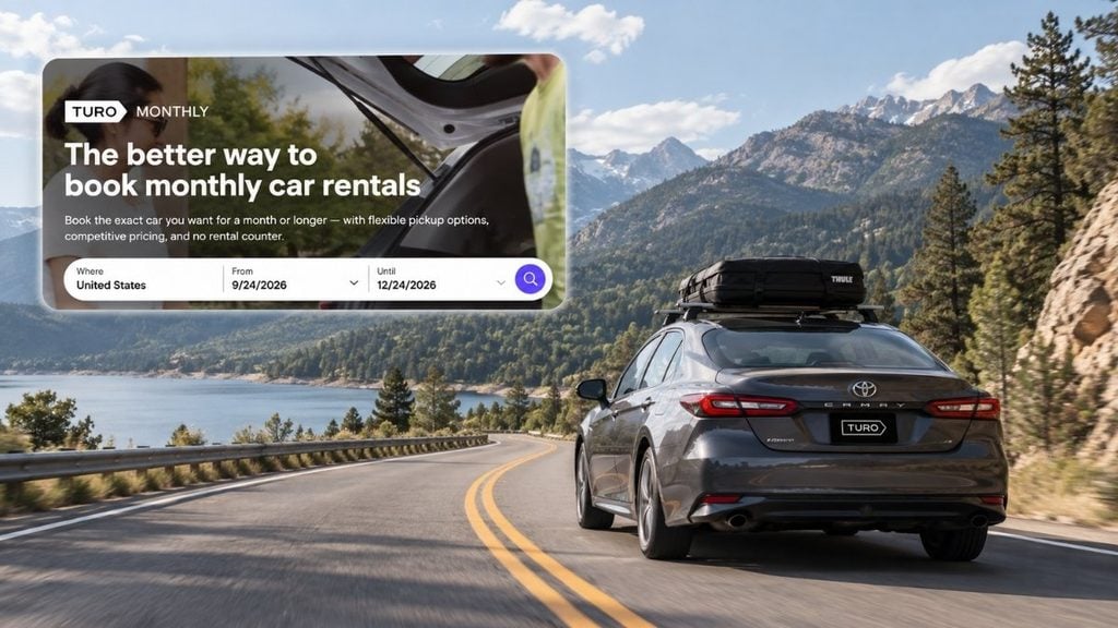 Turo rental car driving on a scenic mountain road with roof cargo for a road trip