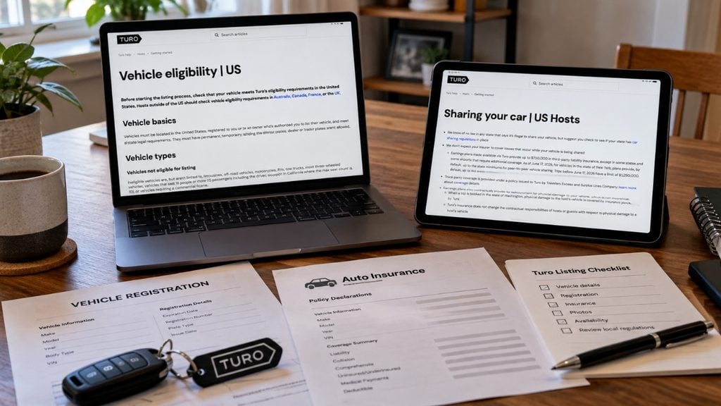 Laptop and tablet showing Turo vehicle eligibility and car sharing requirements beside registration and insurance documents