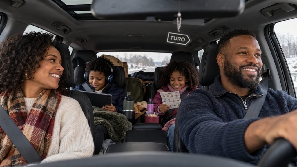 Family on a holiday road trip with kids enjoying a tablet, road trip games, and snacks inside an SUV