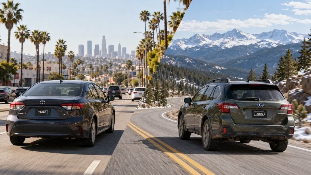 Turo rental cars driving in city and mountain destinations where rental demand can vary by location