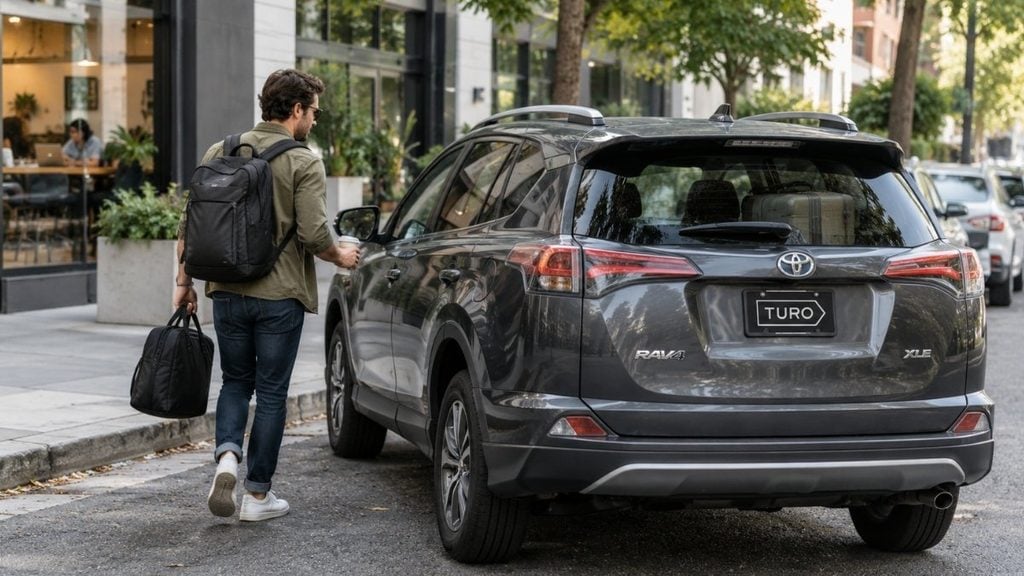 Digital nomad approaching a Turo rental car with travel bags