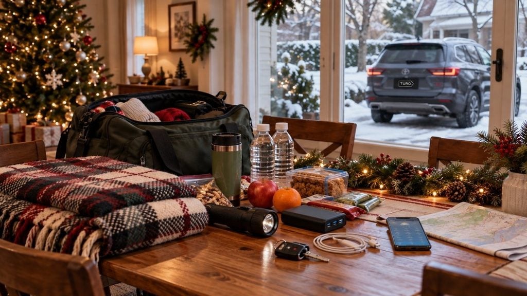 Winter road trip safety essentials laid out on a holiday table with an SUV parked outside in the snow