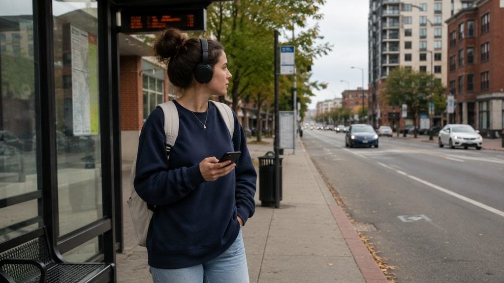 College graduate waiting for a city bus with headphones