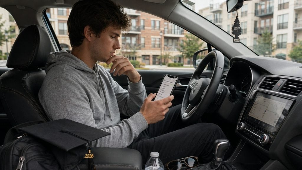 Recent graduate comparing car costs while sitting in a parked car