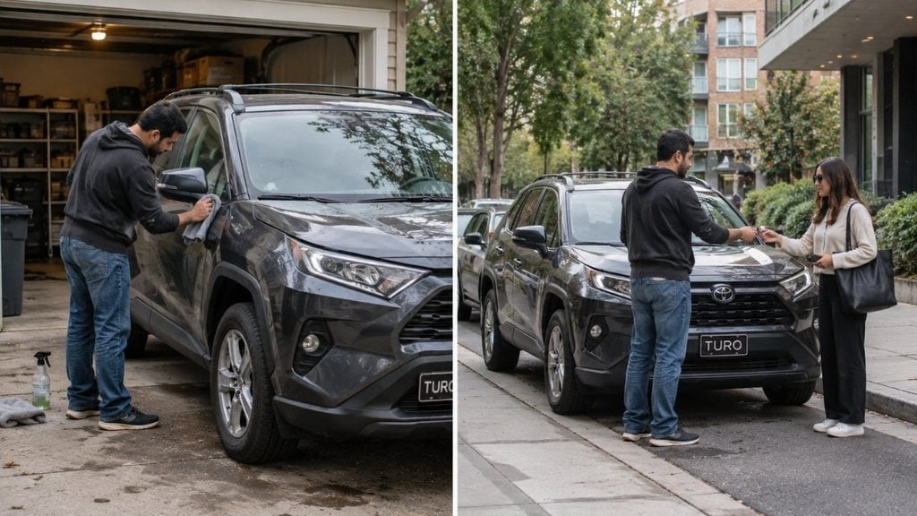 Turo host cleaning a car before a trip and handing the keys to a guest during vehicle pickup
