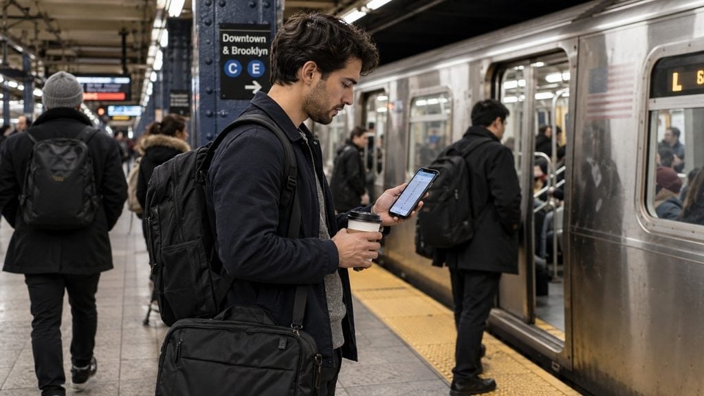 Digital nomad using public transportation at a subway station
