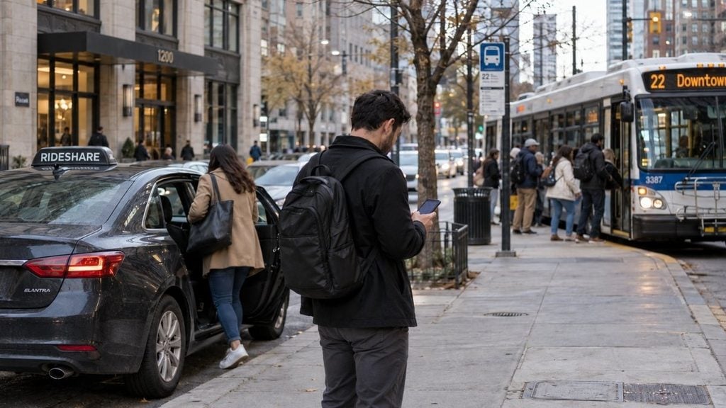 Rideshare car and public bus as transportation options during a long-term vehicle repair