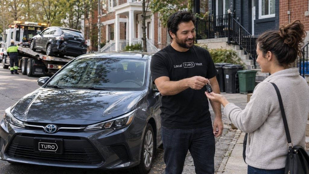 Turo host handing car keys to a guest needing a rental car during vehicle repairs
