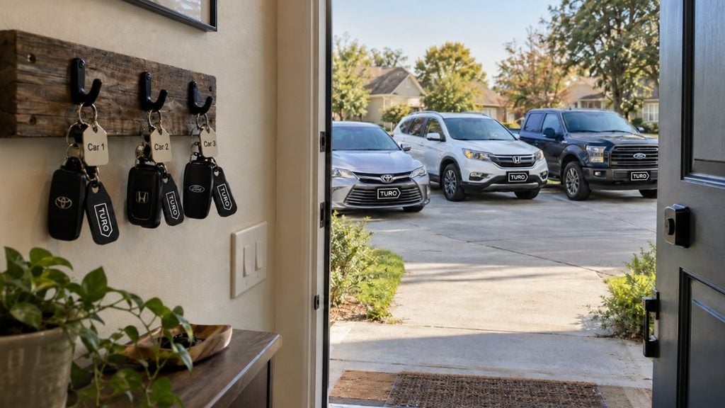 Multiple Turo vehicles and organized car keys for a host managing a growing fleet