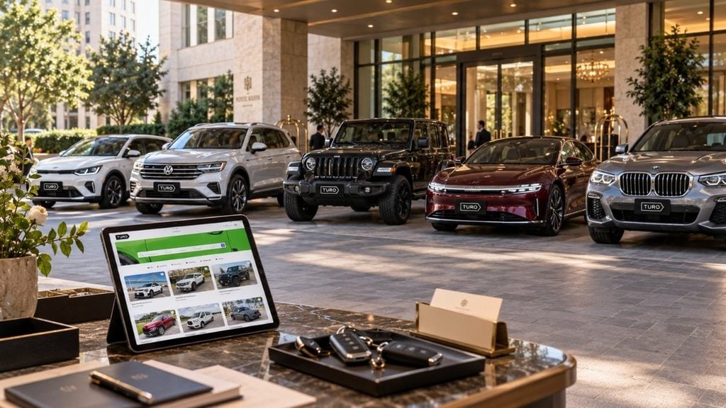Turo car listings shown on a tablet beside several vehicles outside a hotel entrance.