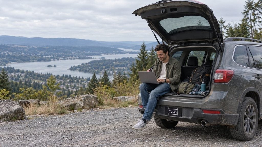 Digital nomad working on a laptop beside a parked car at a scenic overlook