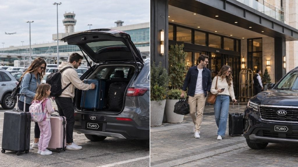 Airport pickup vs hotel delivery with a family loading a car at the airport and travellers collecting a car outside a hotel
