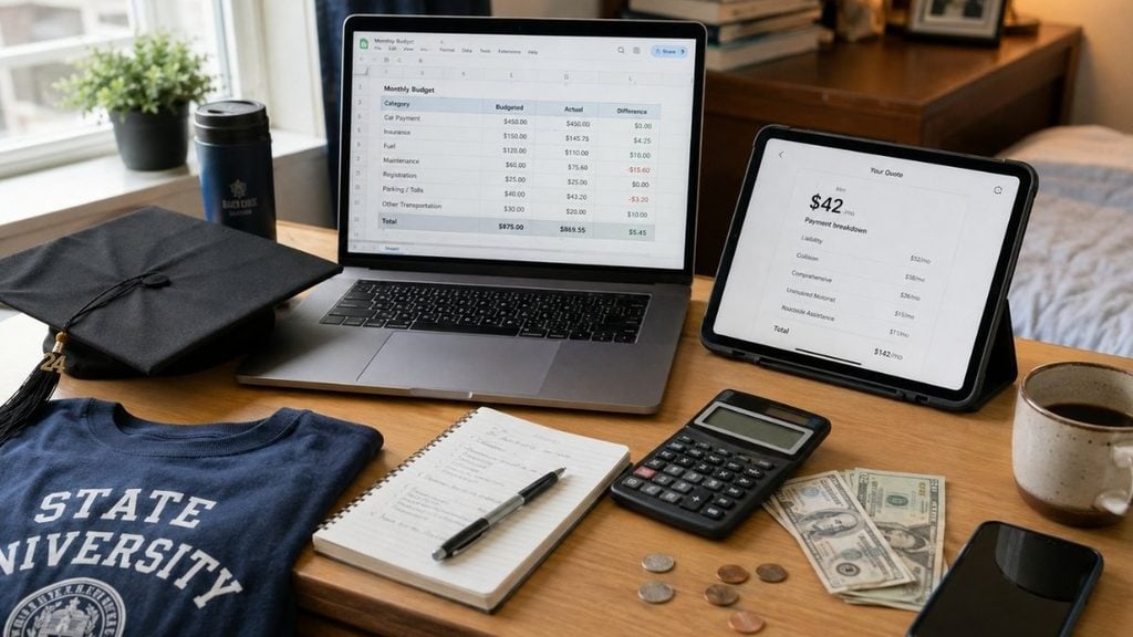 College graduate budgeting for car ownership with a laptop and calculator