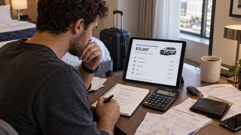 Driver calculating the annual cost of car ownership on a tablet with expenses and receipts