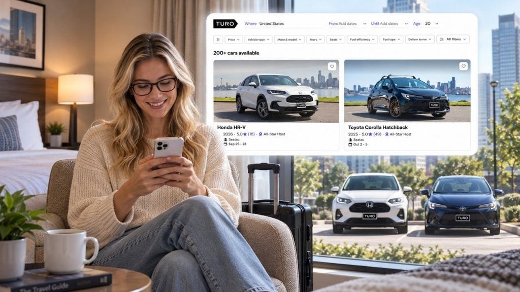 Woman browsing Turo rental car options on her phone with multiple vehicles visible outside