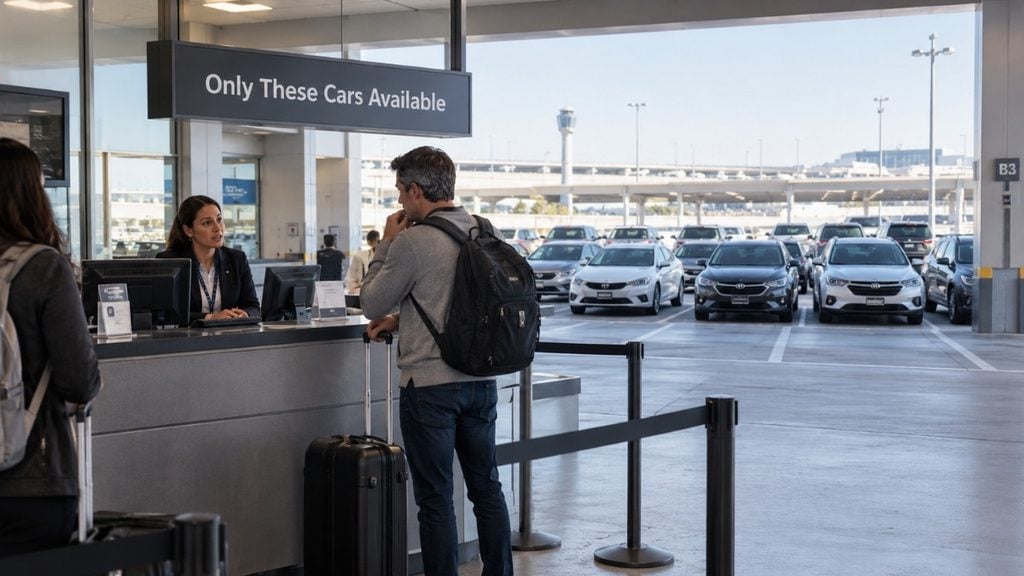 Airport rental car counter with limited vehicle selection