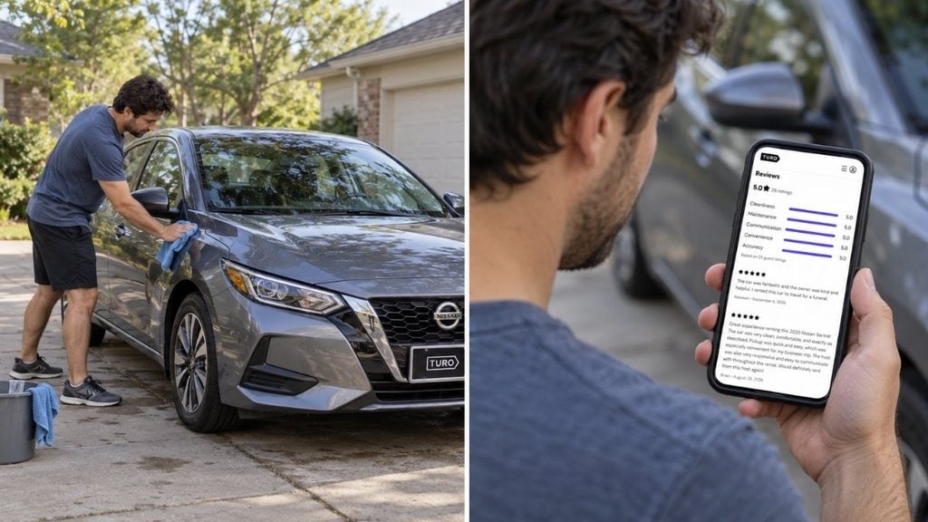 Turo host cleaning a car and reviewing guest ratings to help improve bookings and earnings