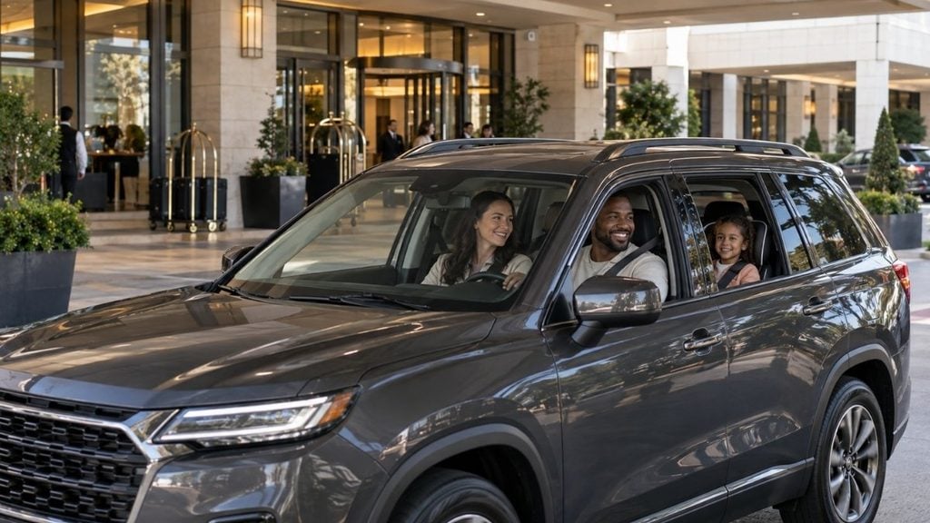 Family driving away from a hotel in a Turo rental SUV