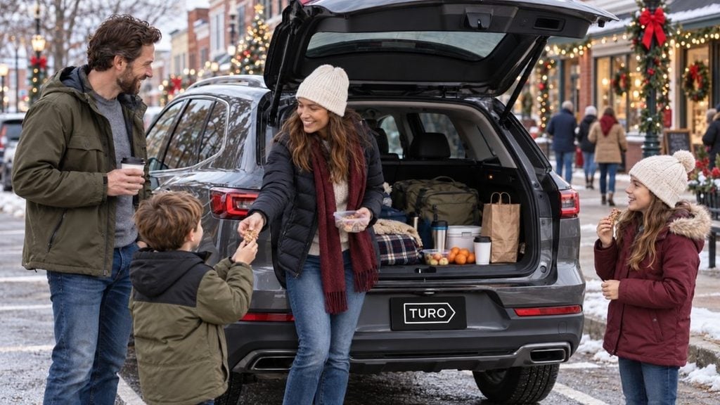 Family enjoying snacks beside an open SUV during a holiday road trip stop in a festive small town