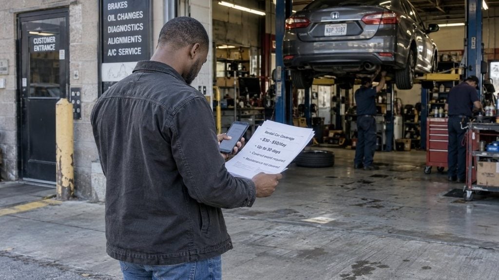Driver reviewing insurance rental reimbursement while his car is in the repair shop