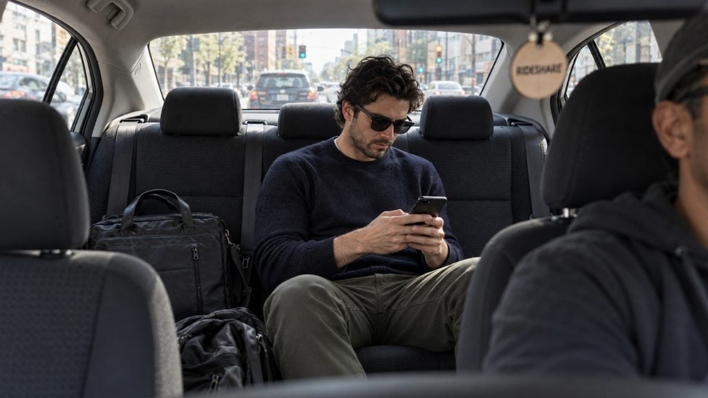 Digital nomad using a rideshare app from the back seat of a car
