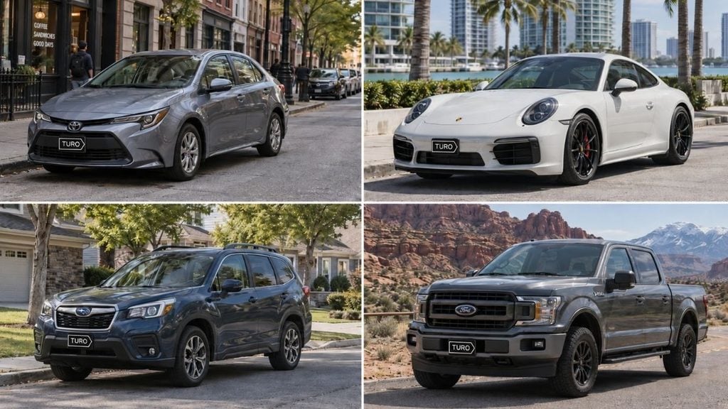 Popular vehicle types for Turo hosts, including an economy car, sports car, SUV, and pickup truck