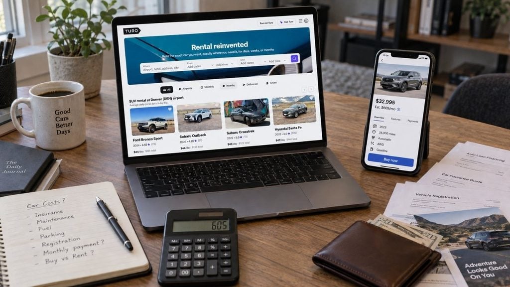 Laptop showing Turo rental car options with a phone, calculator, and travel planning items on a desk