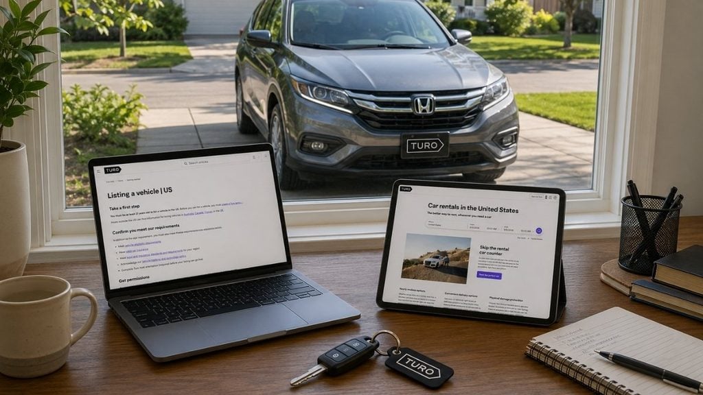 Turo host workspace with car listing information and vehicle parked outside