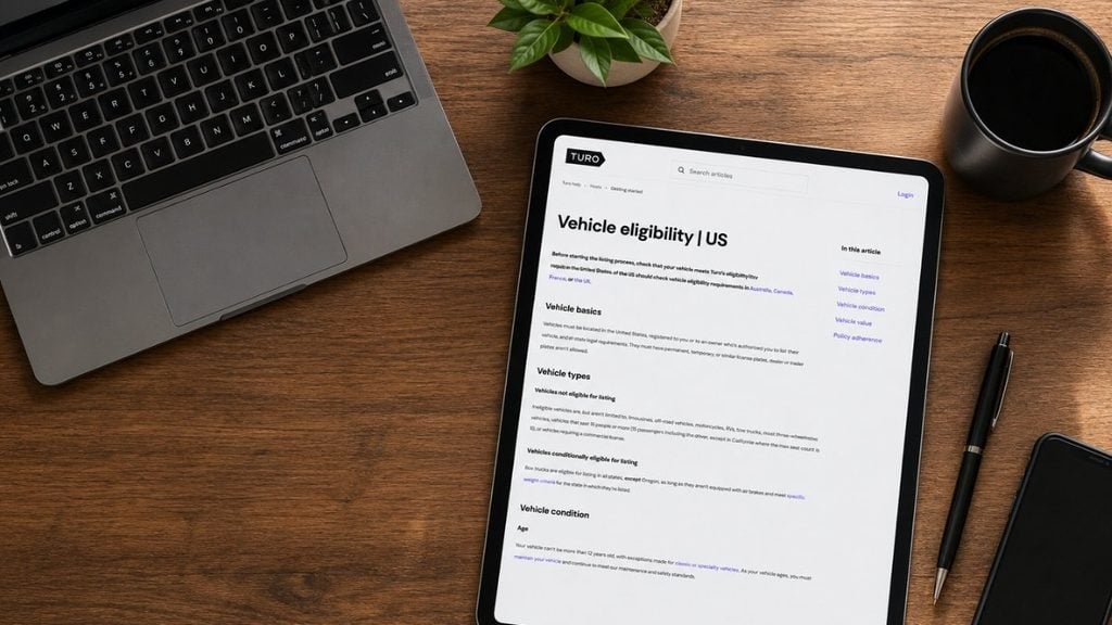 Turo vehicle eligibility information displayed on a tablet beside a laptop
