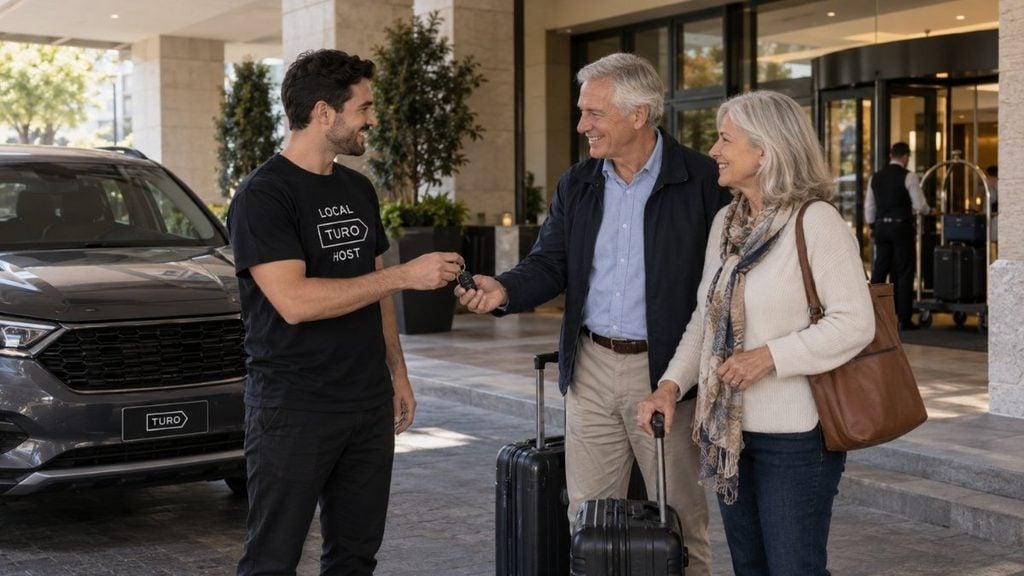 Turo host handing car keys to a couple outside a hotel