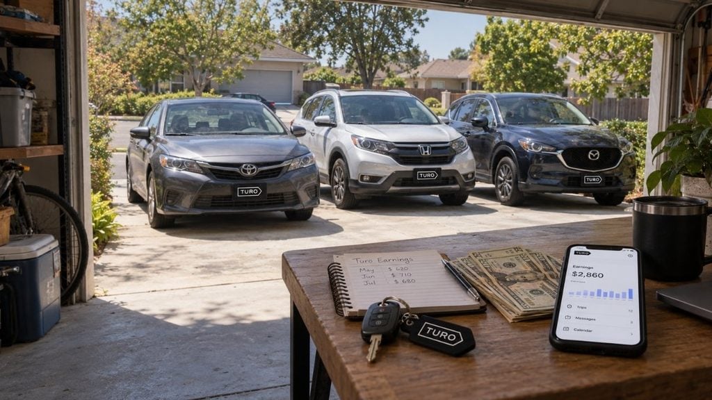 Small fleet of cars outside a home garage with Turo host earnings on a smartphone.