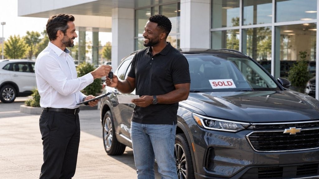 Man purchasing a car from a dealership and receiving the keys beside a sold vehicle