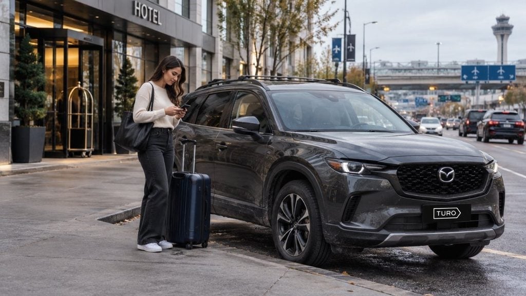 Traveller checking her phone beside her rental car near a hotel with airport signs visible in the background