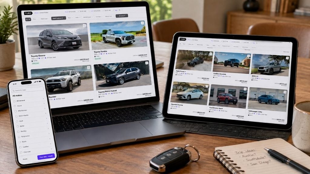 Turo car rental options displayed on devices for a long-term vehicle repair